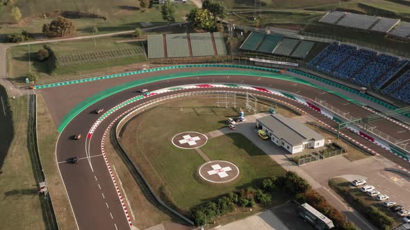 Aerial view of Hungaroring race track during endurance competition, final corner before main start f