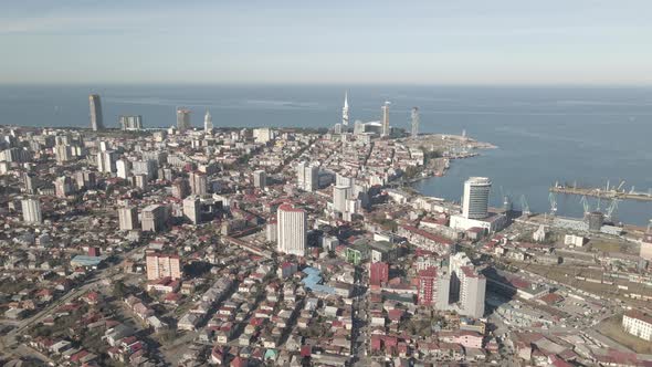 Aerial view of Batumi coastline, Port, harbor and bay. Georgia 2021