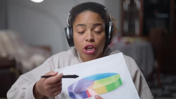 Virtual Conference POV of Angry Yelling African American Woman Pointing at Diagram Talking Gesturing