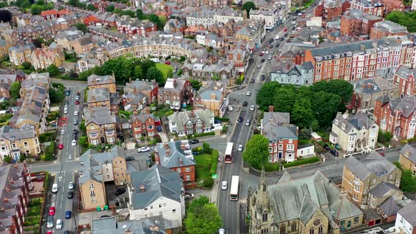 Aerial drone footage of the town centre of Scarborough in the UK