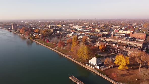 The Peaceful City Of Wyandotte Michigan, USA With Different Buildings - Aerial Shot