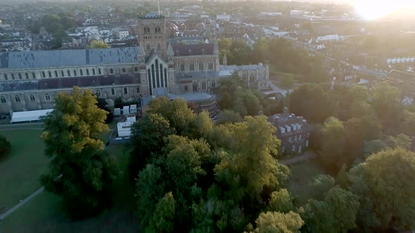 Sunrise Aerial View of the City of St Albans and its Cathedral in England