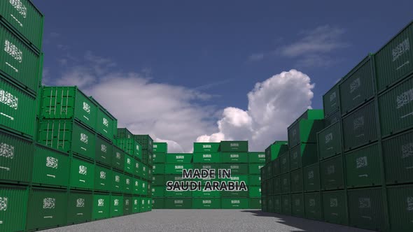 Containers with MADE IN SAUDI ARABIA Text and National Flags