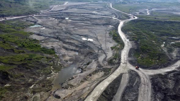 Aerial/Drone view open mine pit coal mining activity