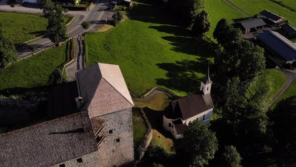 Top View Of The Old Museum Of Kaprun Fortress At Pinzgau Valley In Salzburg, Austria. aerial