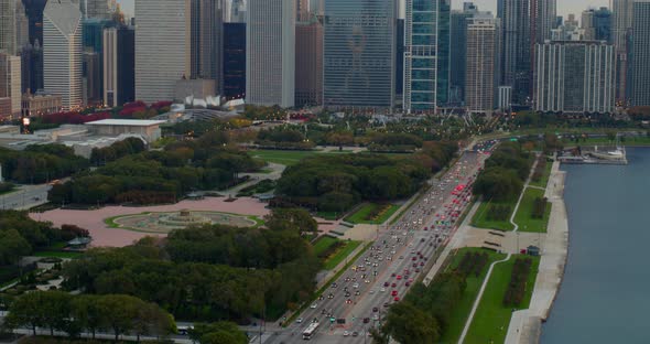 Aerial of traffic on street and skyscrapers in Chicago