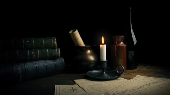 1700s Scene Of Table With Candle, Books And Maps