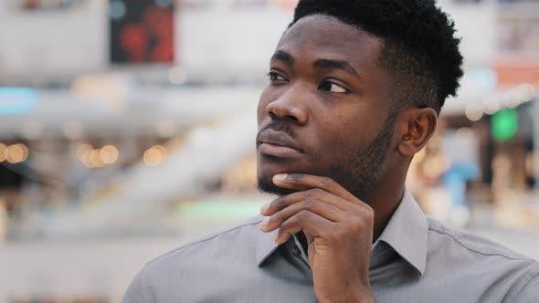 Closeup Puzzled Concentrated Pensive Serious African American Young Man Looking Away Keeps Hand on