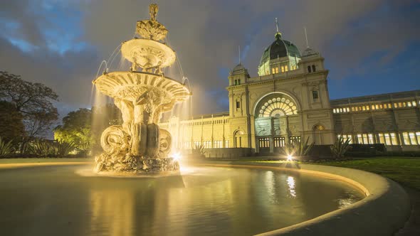 Melbourne sunset time lapse facing the heritage landmark Royal Exhibition Building and Hochgurtel Fo