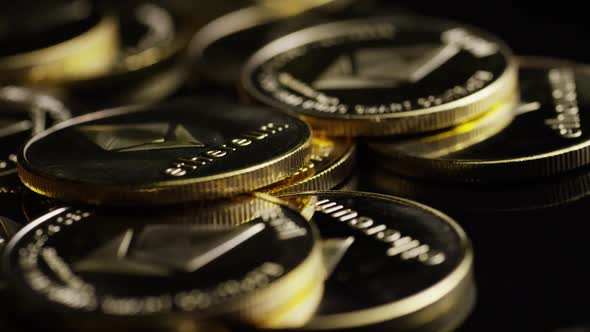 Rotating shot of Bitcoins (digital cryptocurrency) - BITCOIN ETHEREUM 159