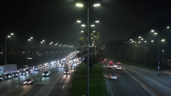 Night Traffic On A Big Road With A Bridge, Time Lapse, Cars, Traffic, Many Cars