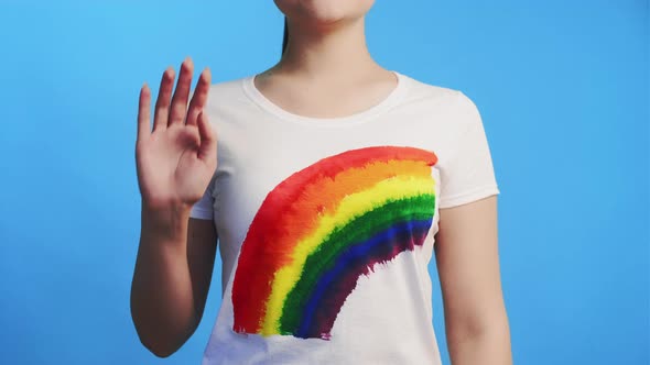 Lgbt Invitation Woman in Rainbow Tshirt Welcome