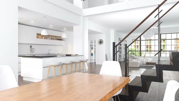 Living room and kitchen interior 