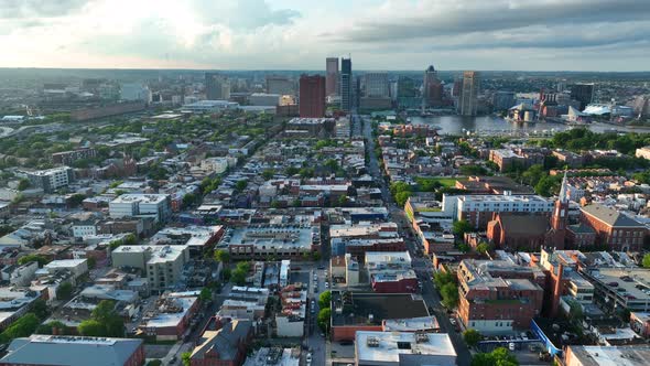 Baltimore city skyline. Cityscape of largest Maryland urban center. Residential neighborhood in USA.