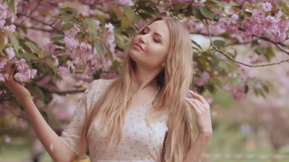 Spring Beauty Portrait of a Woman at Blossoming Sakura Tree on Nature