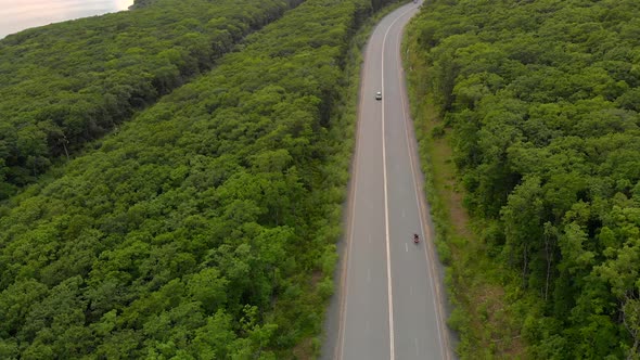 Aerial Shot - Drone Moves Above Road and Forest with a Sea Nearby