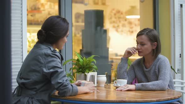 Two Friends Sitting in Cafe, Discussing Family Problems, Lady Comforting Sister