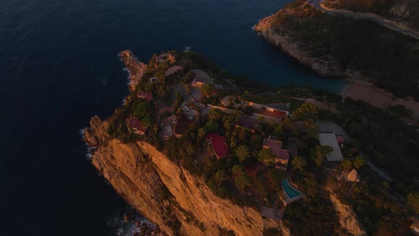 Drone is Flying Over the Cliff with Buildings on It Coastline of Tossa De Mar