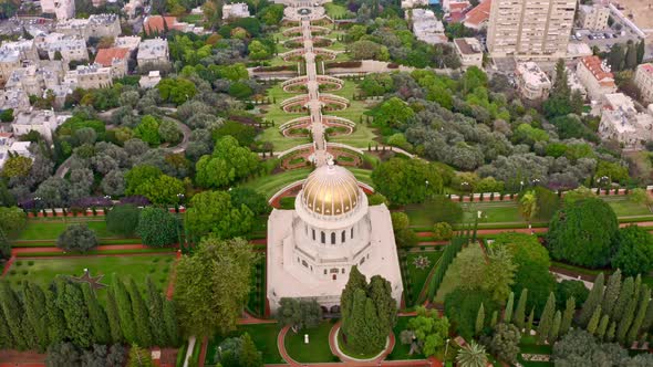 Bahai temple and gardens in Haifa, Israel, 4k aerial drone view