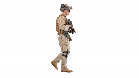 Armed Marine Soldier with Rifle Walking on White Background