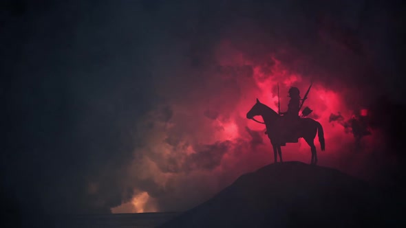 Japanese Samurai Warrior On A Horse In A Stormy Day