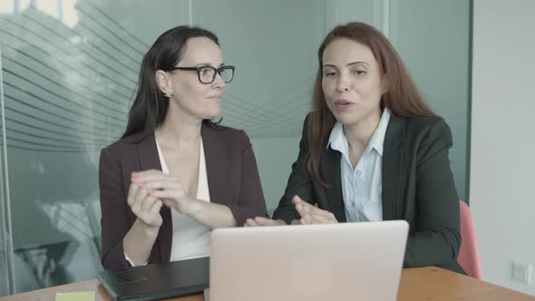 Beautiful Businesswomen Talking, Looking at Laptop