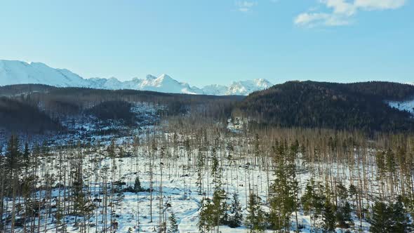 Tatry snowy mountain range at border between Poland and Slovakia. Aerial sideways