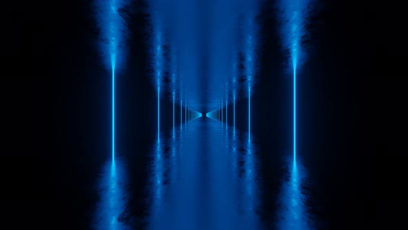 Futuristic motion graphic tunnel movement with Blue vertical neon glowing lines