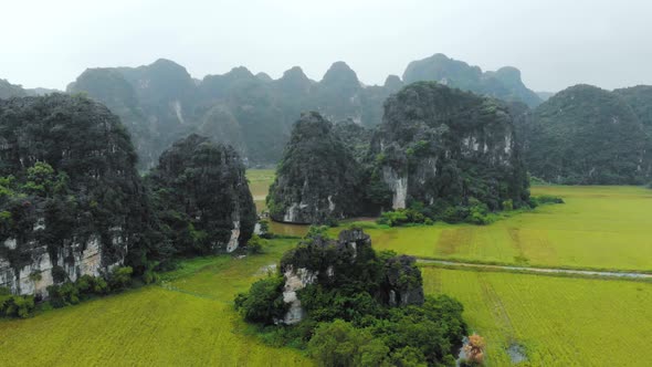 Aerial: North Vietnam karst landscape, drone view of Ninh Binh canyons and pinnacles