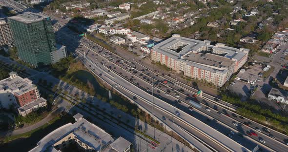 Aerial view of traffic on 610 South loop freeway in Houston, Texas