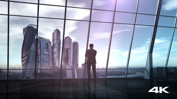 Businessman In Office Overlooking A Business Center 4K