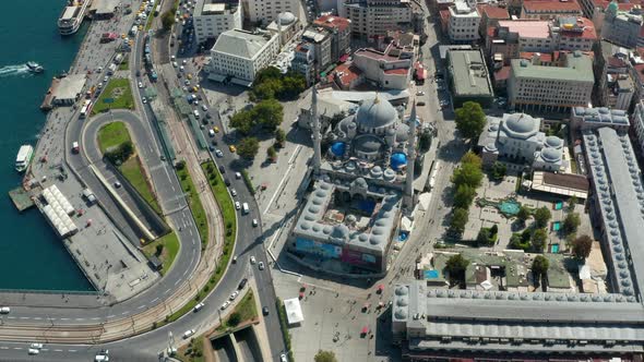 Mosque Being Under Construction Next To Bosphorus River on Bright Summer Day, Aerial View From Above