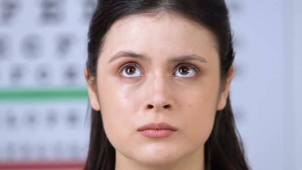 Ophthalmologist Putting Phoropter on Scared Female Patient Eyes, Vision Test