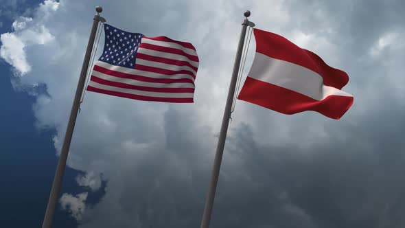 Waving Flags Of The United States And The  Austria 4K