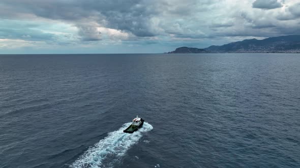 I Follow the Boat in the Open Sea Aerial View 4 k Turkey Alanya