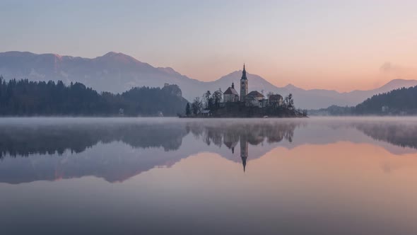 Mystic Sunrise At Lake Bled On A Cold Winter Morning