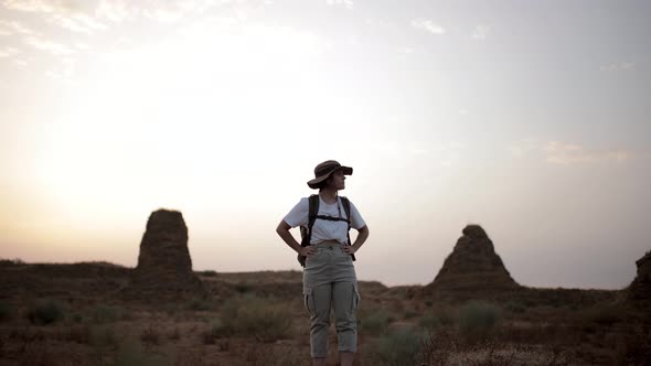 Traveler standing in desert field