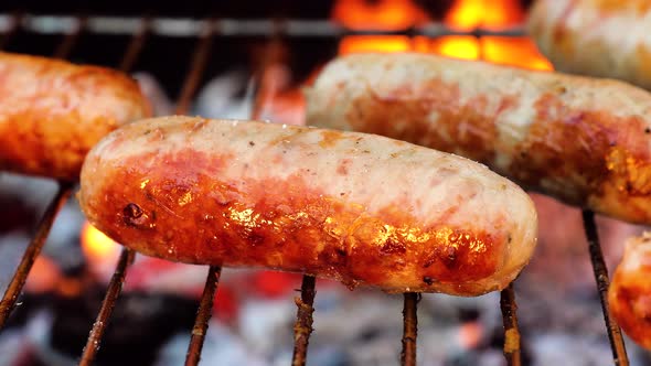 Delicious Juicy Sausages, Cooked on the Grill with a Fire