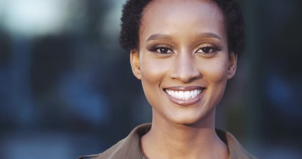 Portrait of Beautiful African American Ethnic Woman Looking at Camera, Smiling Toothy, Happy Eyes