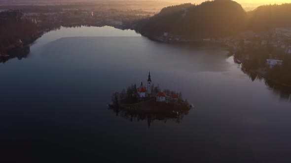 Bled Lake and Marijinega Vnebovzetja Church at Sunrise