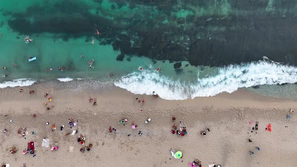 Cloudy summer beach aerial view 4 K Turkey Alanya