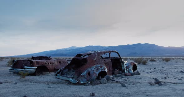 Panamint Valley Sunset with rusted cars - Death Valley National Park - Time lapse
