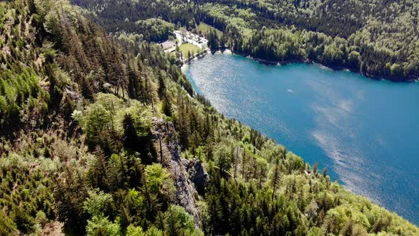 Beautiful view from the Signalkogel to the Lake Langbathsee and Mountains drone video