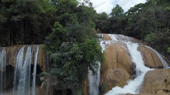 Drone shot of a waterfall in Cascadas de Agua Azul