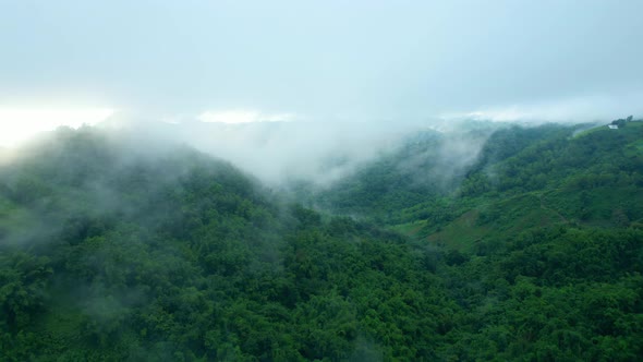 4K Aerial Drone shot flying over beautiful mountain ridge in rural jungle bush forest.