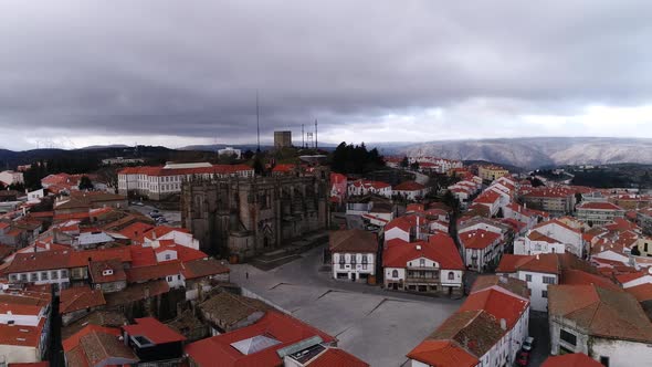 Drone view reveals layout of Guarda city surrounding the Guarda Cathedral