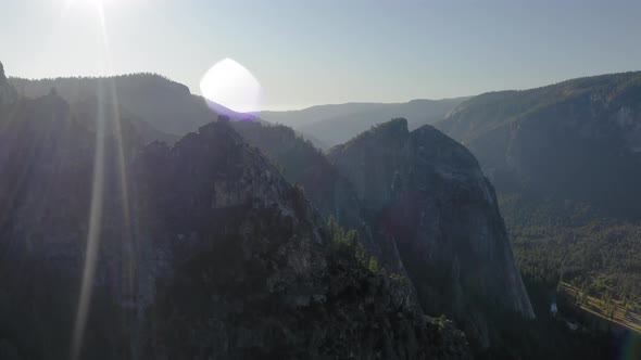 Beautiful Sunset in Yosemite National Park. Inspiring Aerial Footage. California, USA