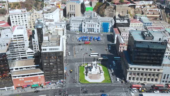 Square Sotomayor Plaza (Valparaiso, Chile) aerial view, drone footage
