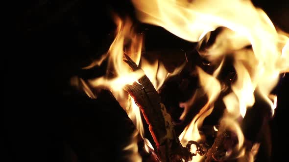 Amazing Yellow Flames Burning Wood Fire With Black Background