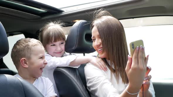 Dog Yorkshire Terrier in the car with children